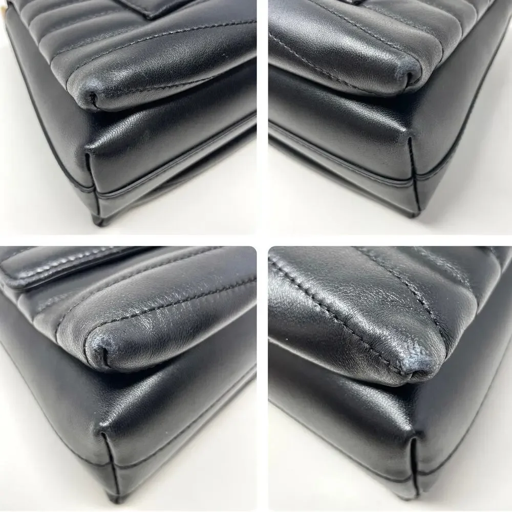 Tory Burch Kira Chevron Leather Top Handle Satchel 2 Way Shoulder Bag Black Gold - Picture 9 of 15